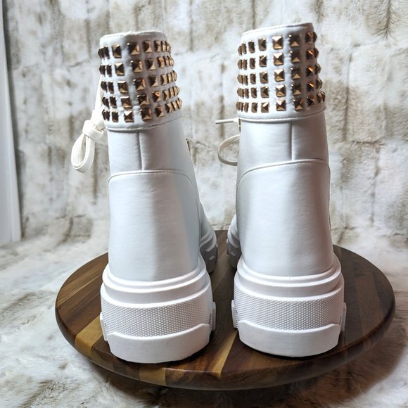 * Mata Shoes White Vegan Leather Studded Detail Fashion Combat Ankle Boots - Picture 10 of 15